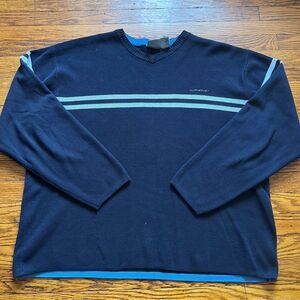 Vintage Y2K Quiksilver Mens XL Navy Blue Striped V-Neck Sweater Knit Top Indie